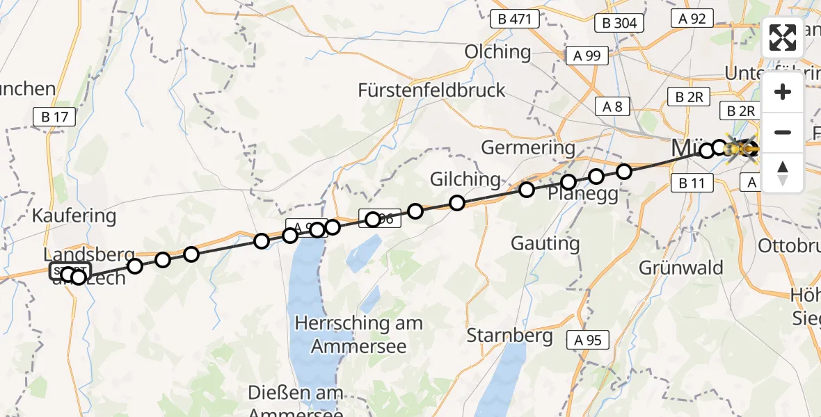 Flugroute Rettungshubschrauber Landsberg am Lech Hospital - Rechts der Isar University Hospital, 13 Juni 2026, 22:36