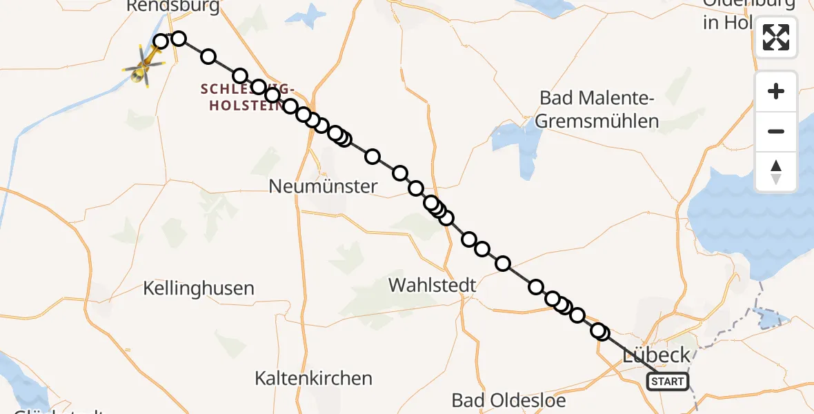 Flugroute Ambulanzhubschrauber Lübeck - Hörsten, 13 Juni 2026, 22:41