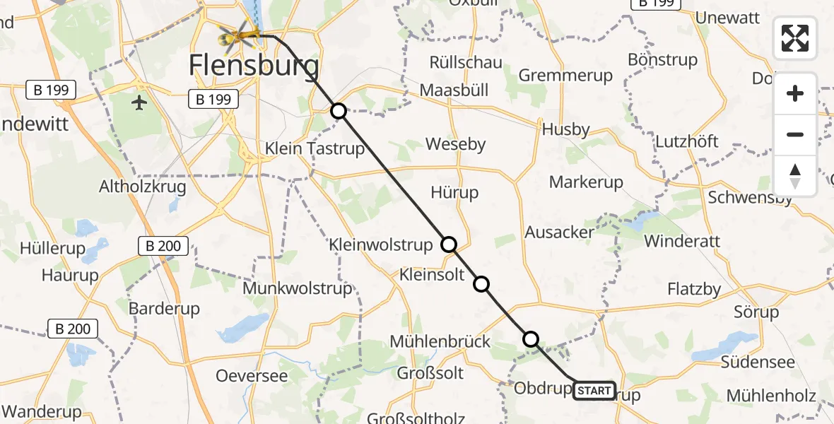 Flugroute Rettungshubschrauber Mittelangeln - Flensburg, 13 Juni 2026, 22:57