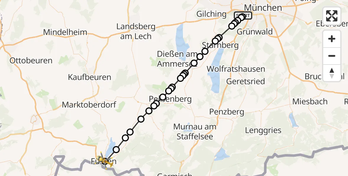 Flugroute Rettungshubschrauber DRF Air Rescue München Hubschrauberlandeplatz - Füssen, 13 Juni 2026, 23:27