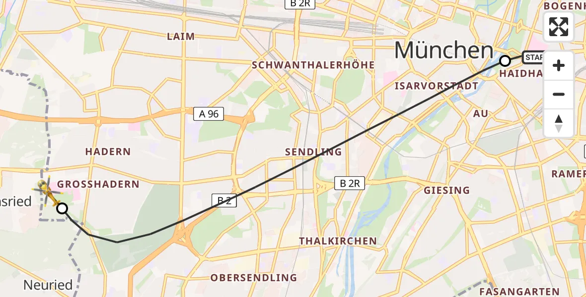 Flugroute Rettungshubschrauber Rechts der Isar University Hospital - DRF Air Rescue München Hubschrauberlandeplatz, 14 Juni 2026, 01:08