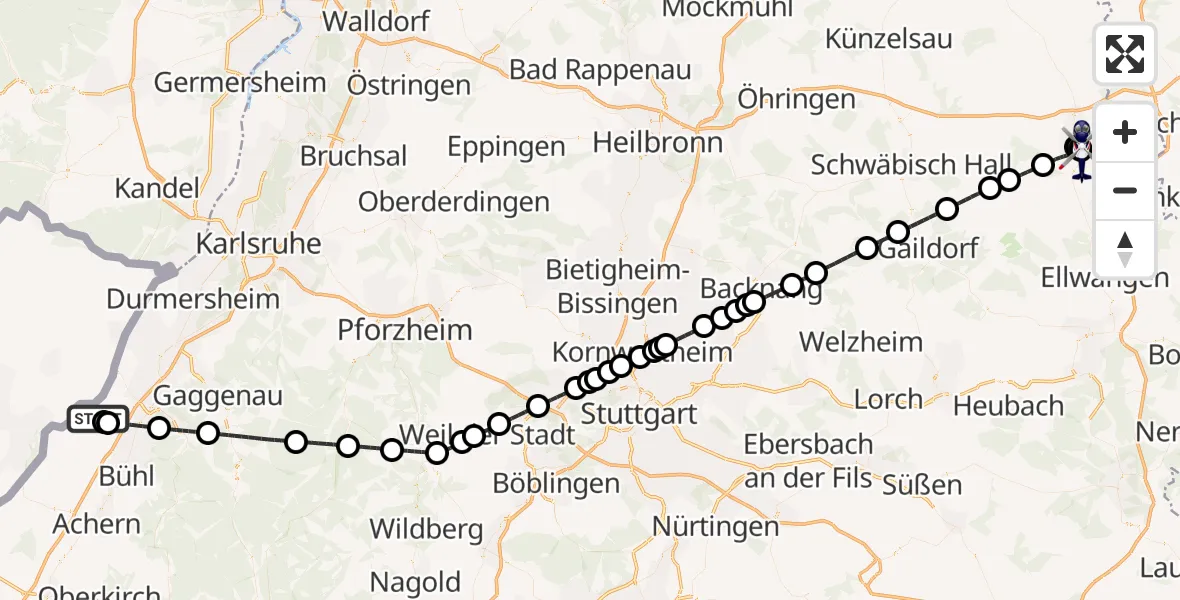 Flugroute Polizeihubschrauber Karlsruhe Baden-Baden Flughafen - Crailsheim, 14 Juni 2026, 01:18