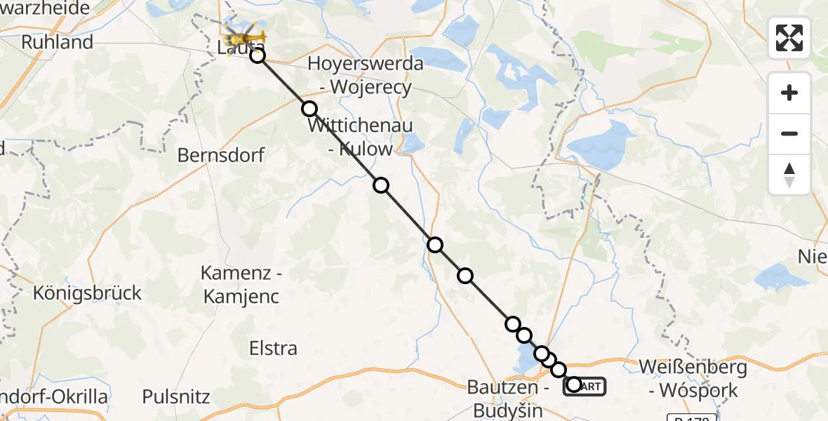 Flugroute Rettungshubschrauber Bautzen Flugplatz - Lauta, 14 Juni 2026, 02:10