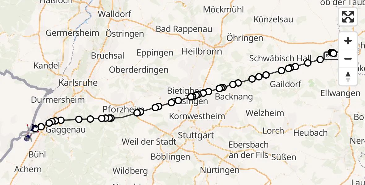 Flugroute Polizeihubschrauber Crailsheim - Karlsruhe Baden-Baden Flughafen, 14 Juni 2026, 02:15