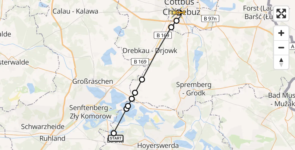 Flugroute Rettungshubschrauber Lauta - Carl Thien Hospital Cottbus, 14 Juni 2026, 04:08