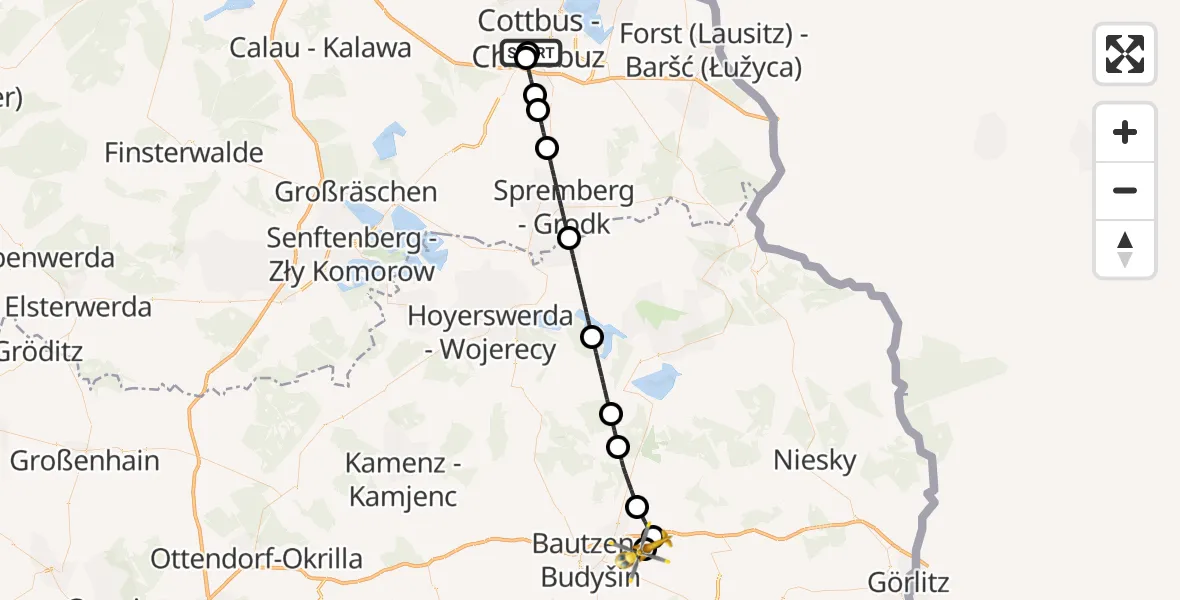 Flugroute Rettungshubschrauber Carl Thien Hospital Cottbus - Bautzen Flugplatz, 14 Juni 2026, 04:28