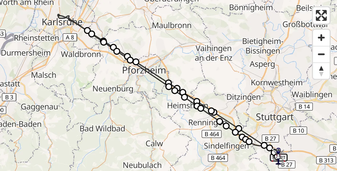 Flugroute Polizeihubschrauber Flughafen Stuttgart - Flughafen Stuttgart, 14 Juni 2026, 04:40