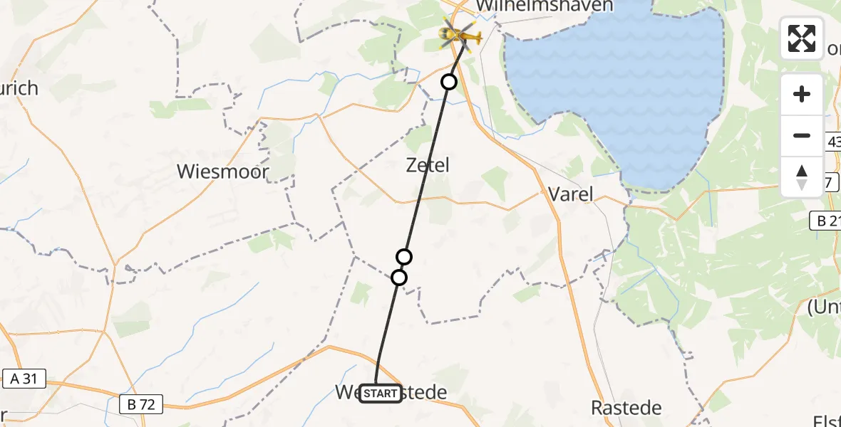 Flugroute Rettungshubschrauber Westerstede - Sande, 14 Juni 2026, 05:07
