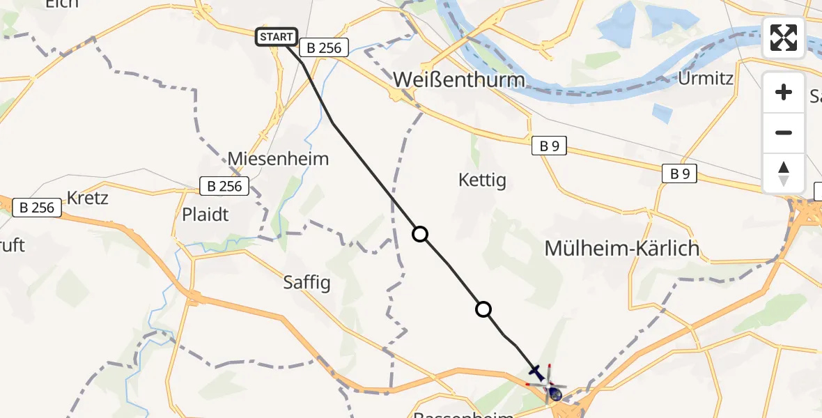 Flugroute Polizeihubschrauber Andernach - Bassenheim, 14 Juni 2026, 05:23