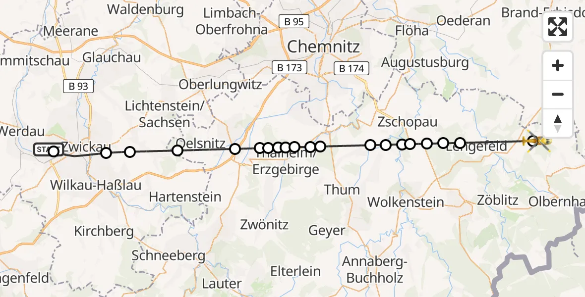 Flugroute Rettungshubschrauber ADAC Air Rescue Station Zwickau Hubschrauberlandeplatz - Olbernhau, 14 Juni 2026, 05:26