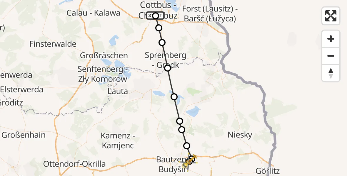 Flugroute Rettungshubschrauber Carl Thien Hospital Cottbus - Bautzen Flugplatz, 14 Juni 2026, 05:40