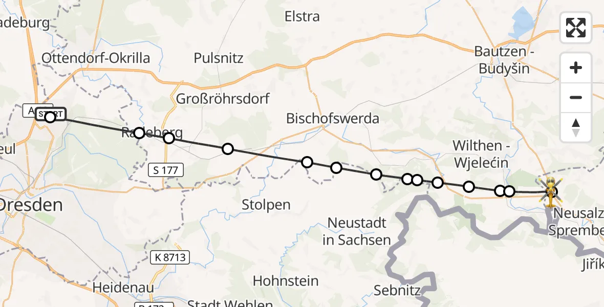 Flugroute Rettungshubschrauber Dresden Bundespolizei Hubschrauberlandeplatz - Oppach, 14 Juni 2026, 05:49