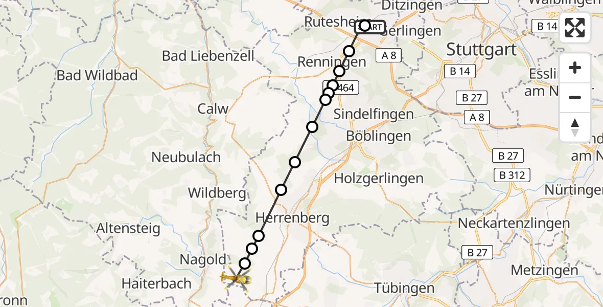 Flugroute Rettungshubschrauber Leonberg Hospital - Mötzingen, 14 Juni 2026, 06:13