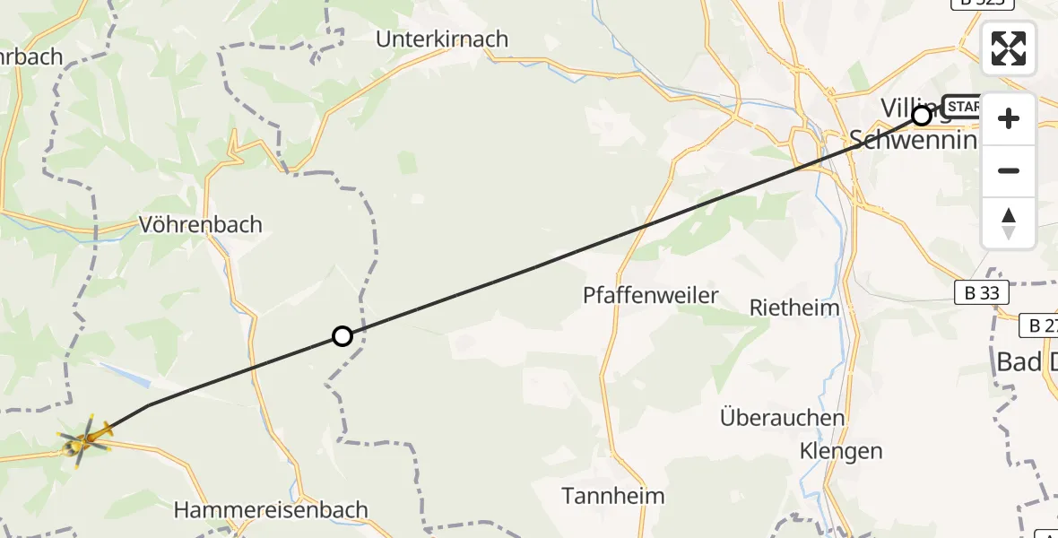 Flugroute Ambulanzhubschrauber DRF Air Rescue Station Villingen-Schwenningen Hubschrauberlandeplatz (Christoph 11) - Vöhrenbach, 14 Juni 2026, 06:24