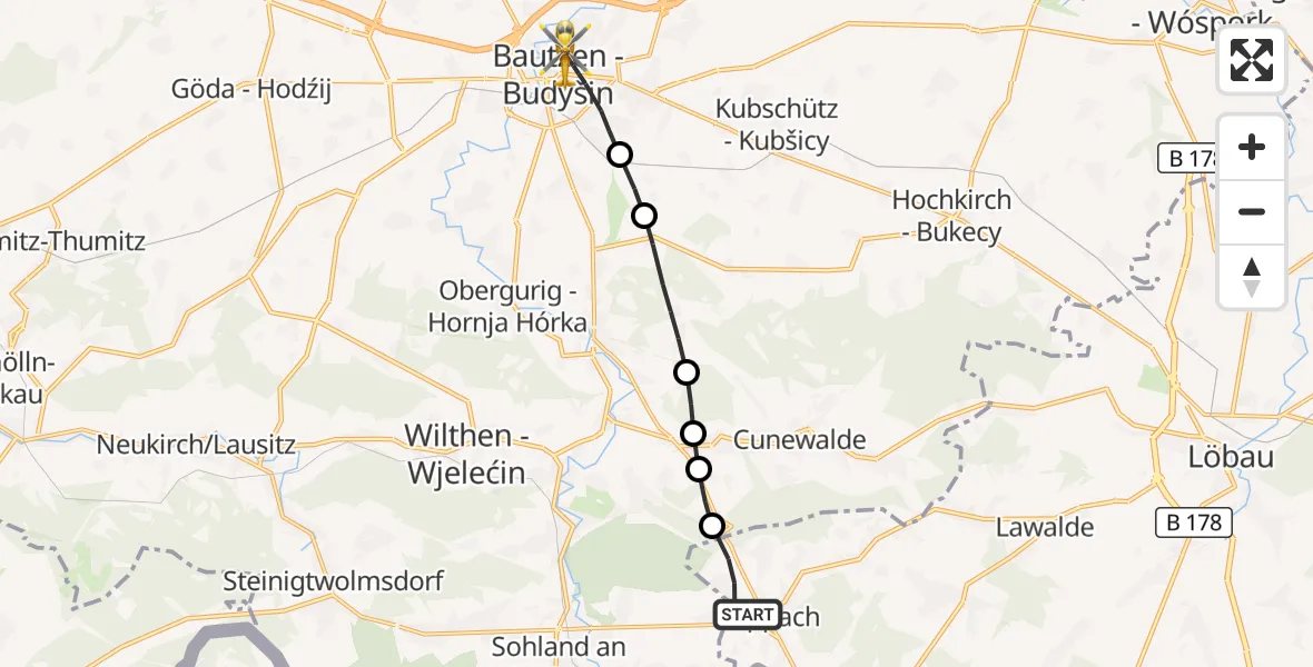 Flugroute Rettungshubschrauber Oppach - Bautzen, 14 Juni 2026, 06:39