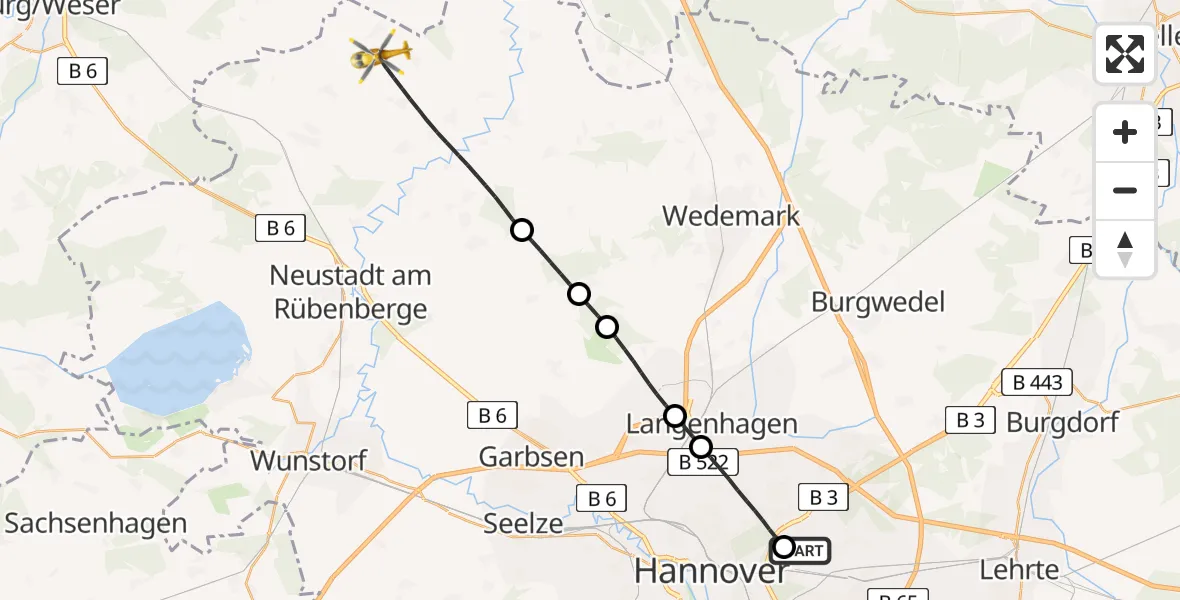 Flugroute Rettungshubschrauber Hannover Luftrettung Hubschrauberlandeplatz (Christoph 4) - Neustadt am Rübenberge, 14 Juni 2026, 06:51