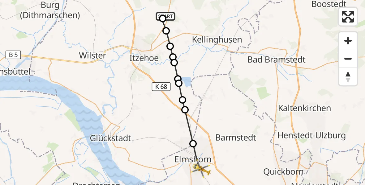 Flugroute Rettungshubschrauber Itzehoe Hungriger Wolf Flugplatz - Elmshorn, 14 Juni 2026, 07:02