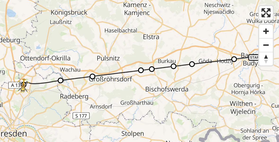 Flugroute Rettungshubschrauber Bautzen - Dresden Bundespolizei Hubschrauberlandeplatz, 14 Juni 2026, 07:05
