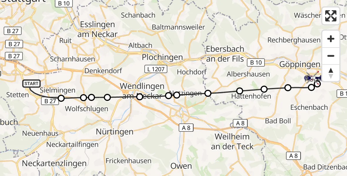 Flugroute Polizeihubschrauber Flughafen Stuttgart - Göppingen, 14 Juni 2026, 07:13