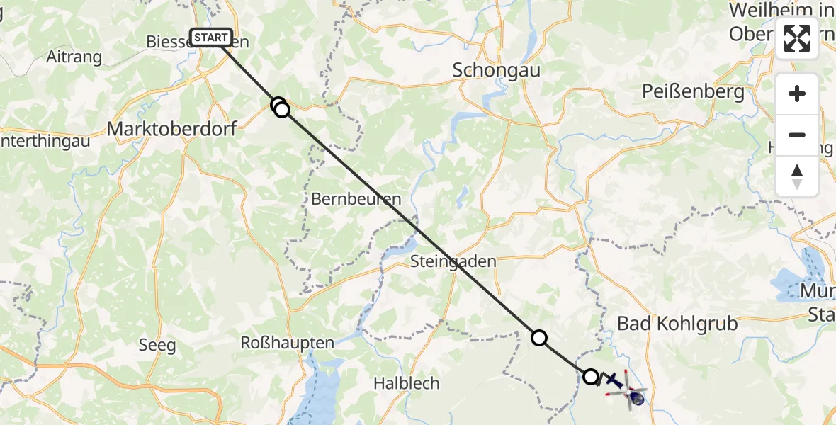 Flugroute Polizeihubschrauber Biessenhofen - Unterammergau, 14 Juni 2026, 07:15