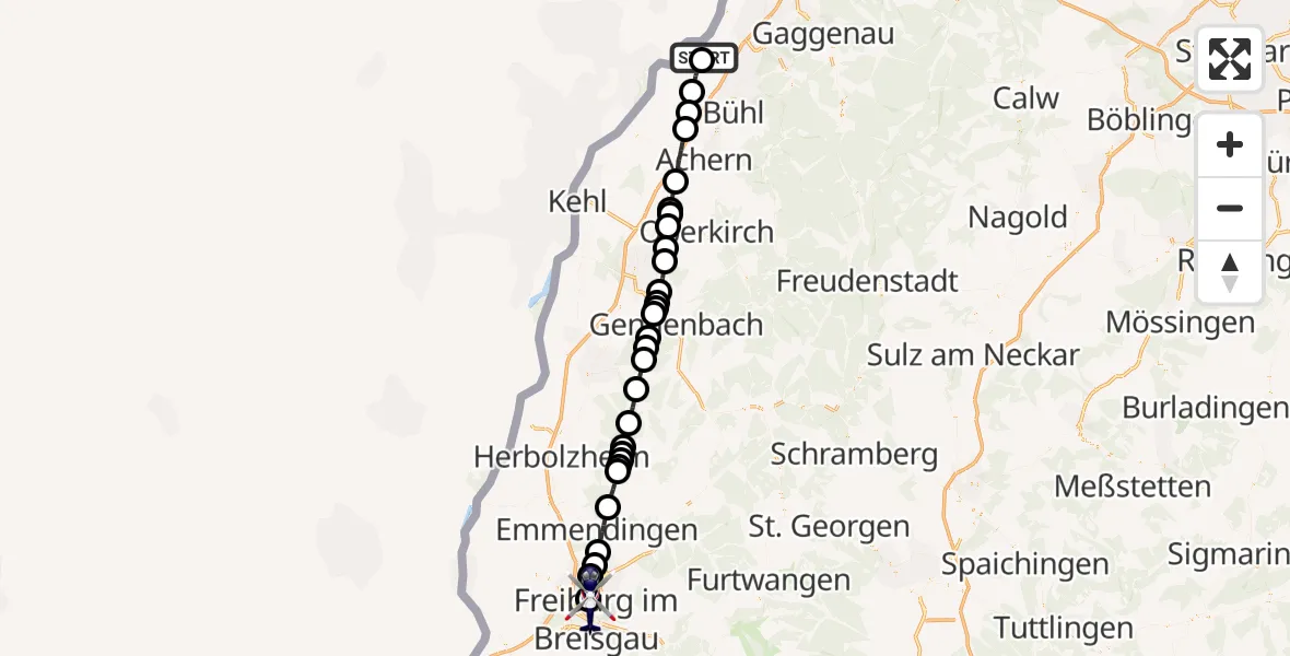 Flugroute Polizeihubschrauber Karlsruhe Baden-Baden Flughafen - Freiburg im Breisgau Flugplatz, 14 Juni 2026, 07:18