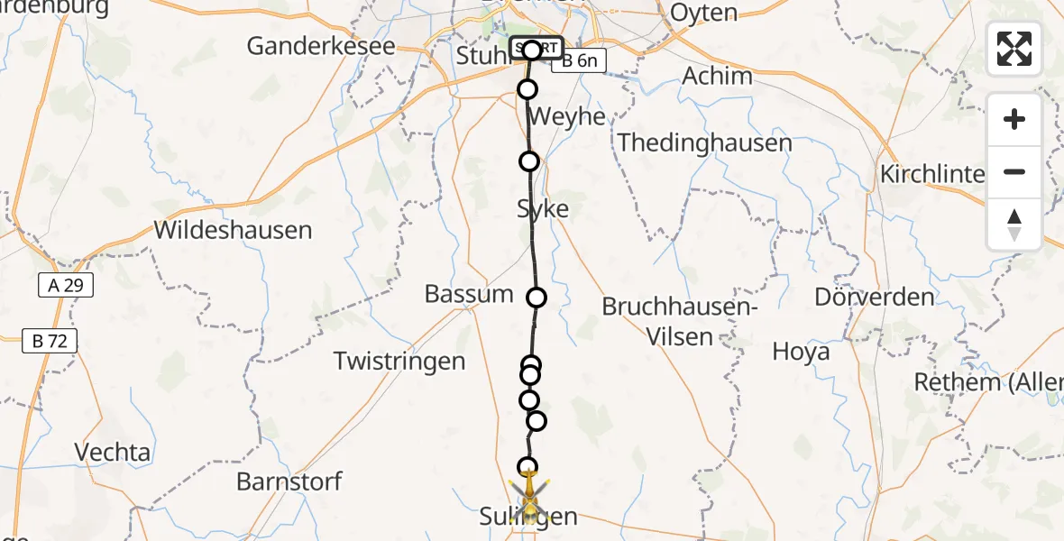 Flugroute Rettungshubschrauber ADAC Air Rescue Station Bremen Hubschrauberlandeplatz (Christoph 6) - Sulingen, 14 Juni 2026, 07:22