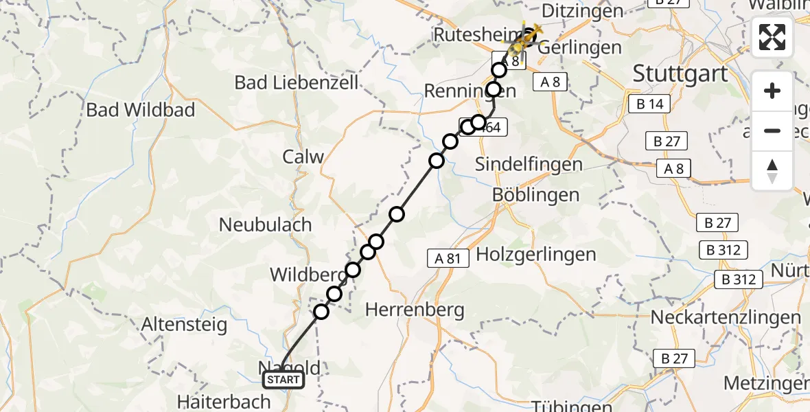 Flugroute Rettungshubschrauber Nagold - Leonberg Hospital, 14 Juni 2026, 07:40