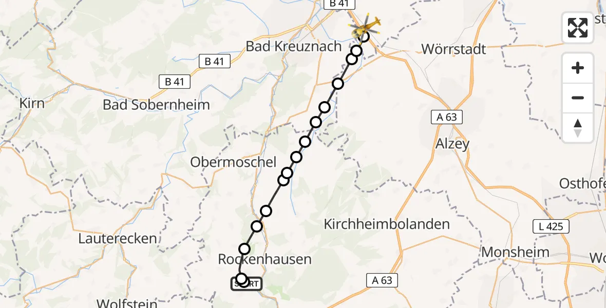 Flugroute Rettungshubschrauber Imsweiler UL - Sprendlingen, 14 Juni 2026, 07:41
