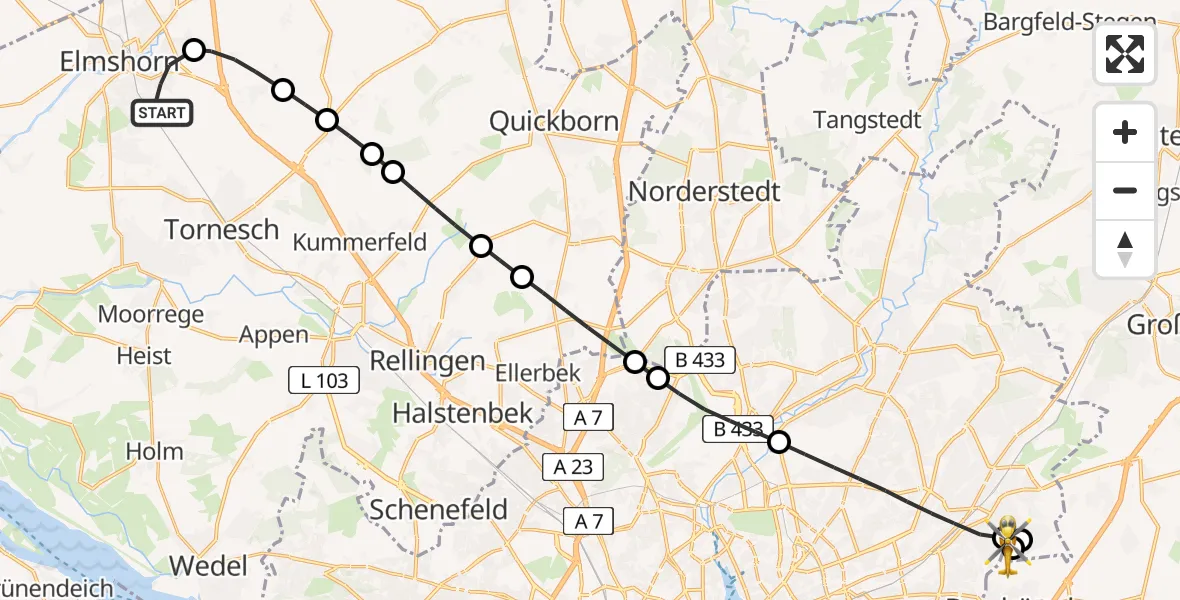 Flugroute Rettungshubschrauber Elmshorn - Wilhelmstift Catholic Children's Hospital, 14 Juni 2026, 07:42