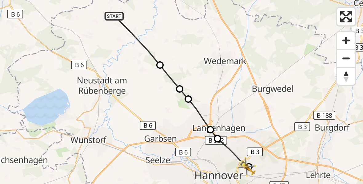 Flugroute Rettungshubschrauber Neustadt am Rübenberge - Hannover Luftrettung Hubschrauberlandeplatz (Christoph 4), 14 Juni 2026, 07:44