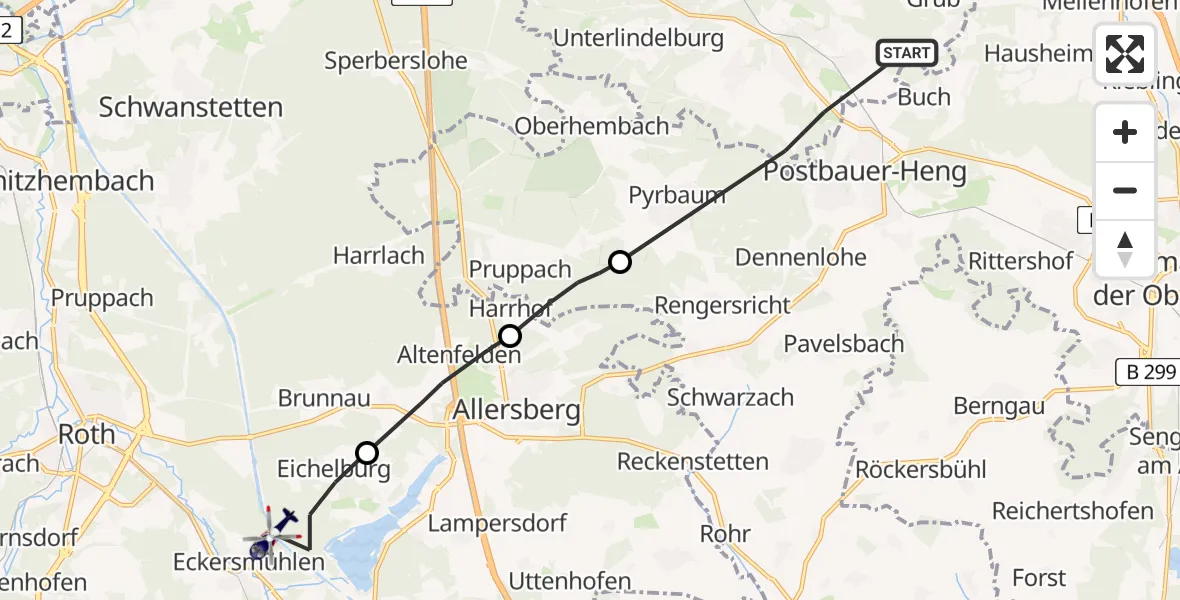 Flugroute Polizeihubschrauber Burgthann - Roth, 14 Juni 2026, 07:46