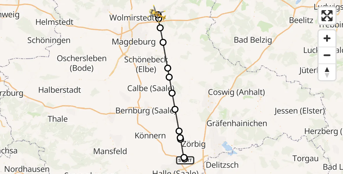 Flugroute Rettungshubschrauber Halle-Oppin Flugplatz - Jerichower Land District Hospital, 14 Juni 2026, 07:51