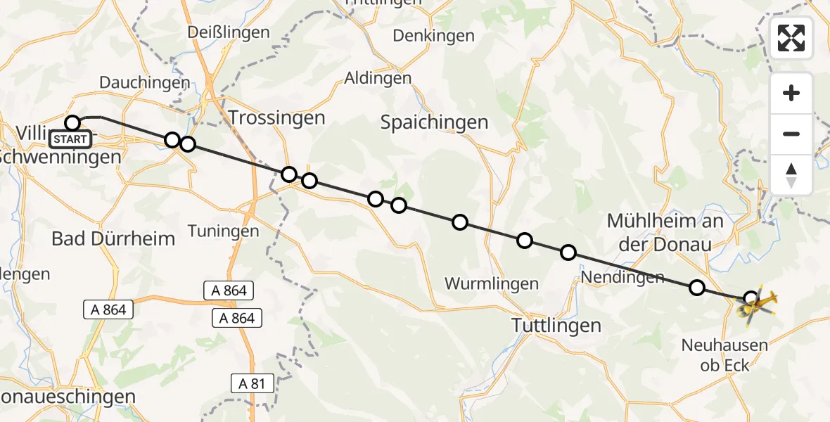 Flugroute Ambulanzhubschrauber DRF Air Rescue Station Villingen-Schwenningen Hubschrauberlandeplatz (Christoph 11) - Buchheim, 14 Juni 2026, 07:57