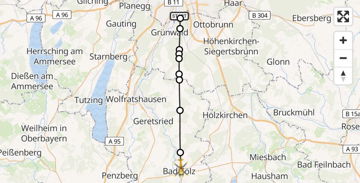 Flugroute Rettungshubschrauber ADAC Air Rescue Center Hubschrauberlandeplatz (Christoph 1) - Bad Tölz, 14 Juni 2026, 08:10