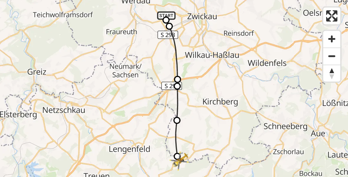 Flugroute Rettungshubschrauber ADAC Air Rescue Station Zwickau Hubschrauberlandeplatz - Steinberg, 14 Juni 2026, 08:24
