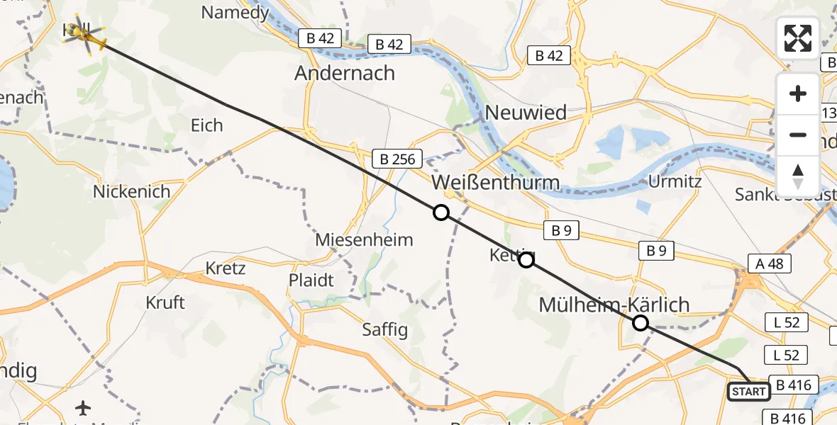 Flugroute Rettungshubschrauber Koblenz - Andernach, 14 Juni 2026, 08:25