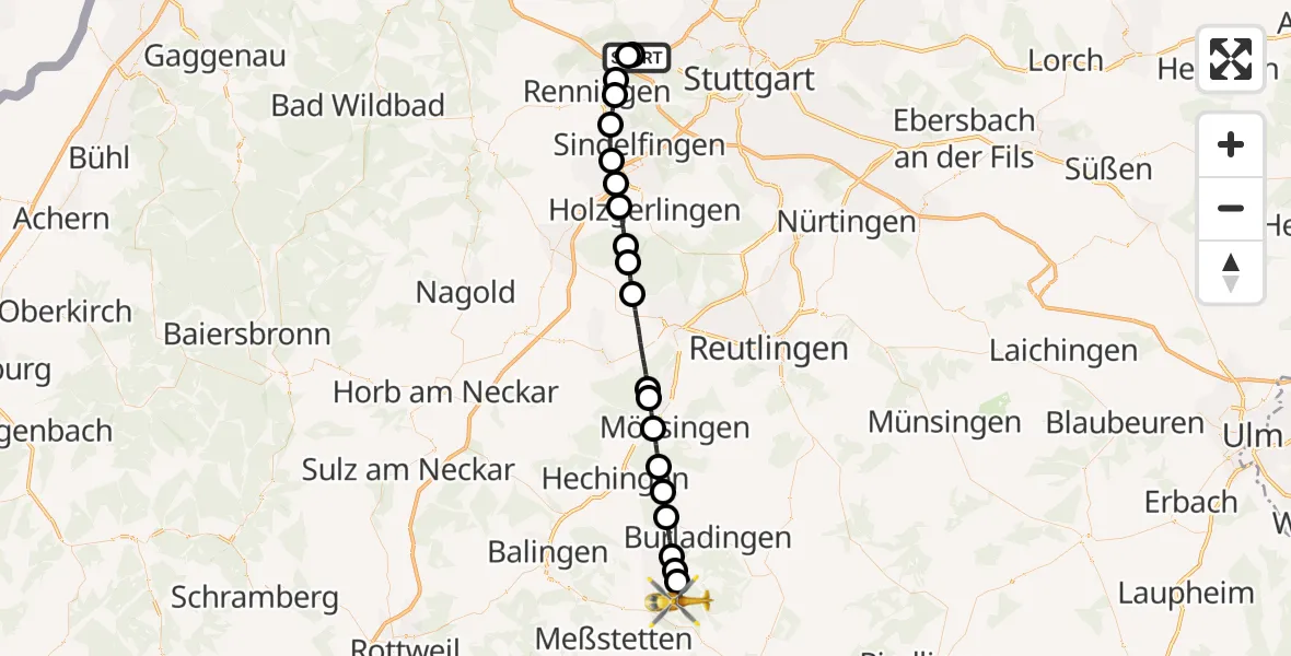 Flugroute Rettungshubschrauber Leonberg Hospital - Albstadt, 14 Juni 2026, 08:27