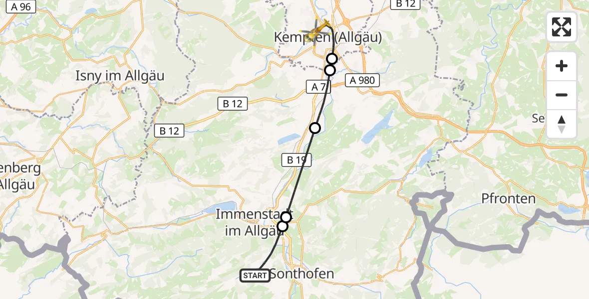 Flugroute Rettungshubschrauber Blaichach - Kempten (Allgäu), 14 Juni 2026, 08:38