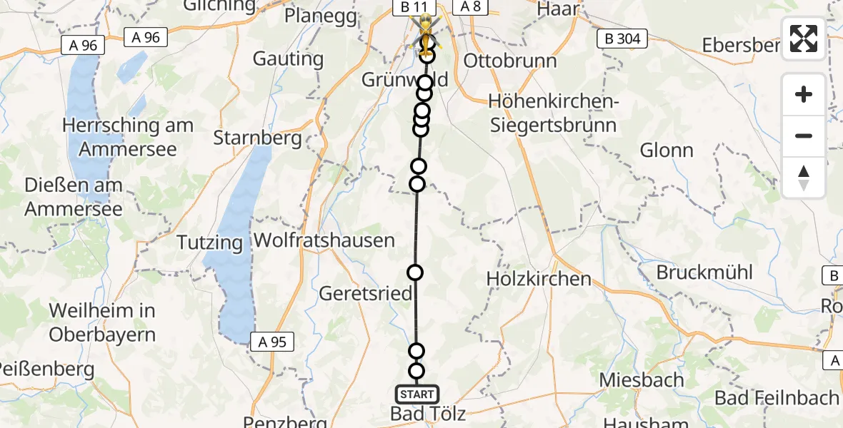 Flugroute Rettungshubschrauber Bad Tölz - ADAC Air Rescue Center Hubschrauberlandeplatz (Christoph 1), 14 Juni 2026, 08:48