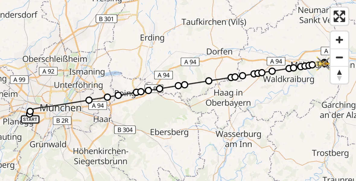 Flugroute Rettungshubschrauber DRF Air Rescue München Hubschrauberlandeplatz - Mühldorf am Inn Hospital, 14 Juni 2026, 08:50