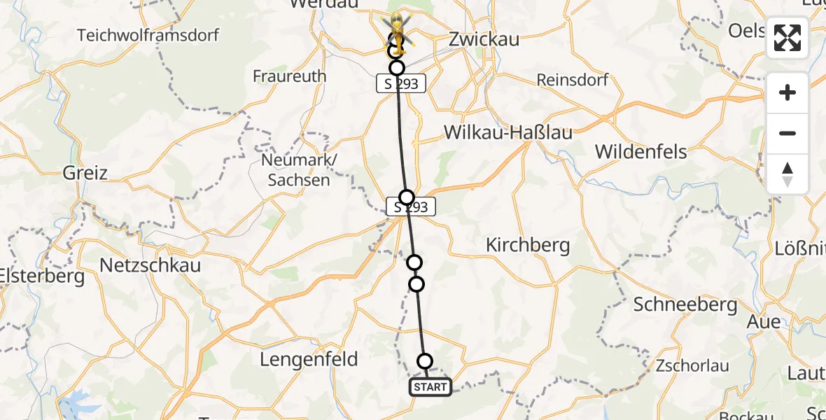 Flugroute Rettungshubschrauber Steinberg - ADAC Air Rescue Station Zwickau Hubschrauberlandeplatz, 14 Juni 2026, 08:54