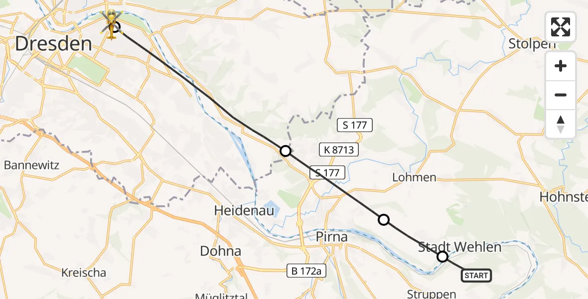Flugroute Rettungshubschrauber Struppen - Dresden University Hospital, 14 Juni 2026, 08:57