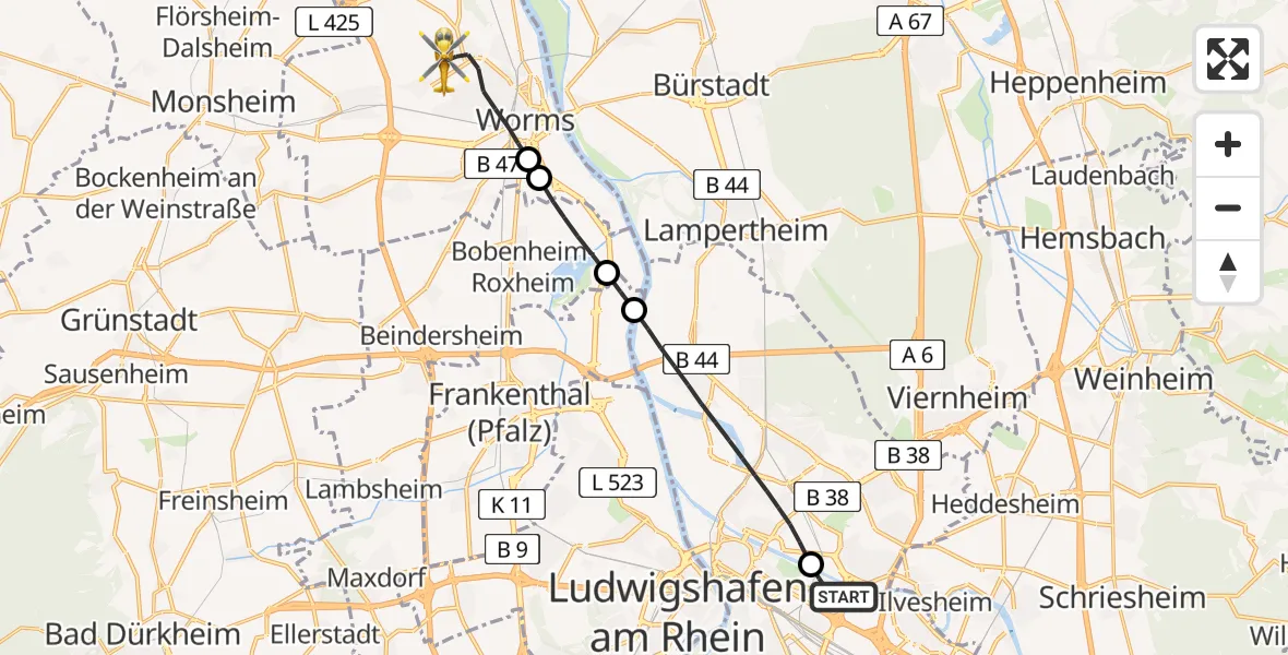 Flugroute Rettungshubschrauber Mannheim-City Flughafen - Worms, 14 Juni 2026, 08:59