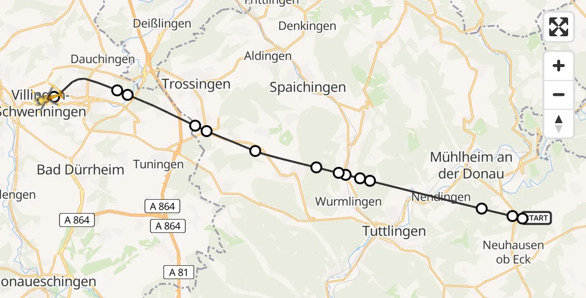 Flugroute Ambulanzhubschrauber Buchheim - DRF Air Rescue Station Villingen-Schwenningen Hubschrauberlandeplatz (Christoph 11), 14 Juni 2026, 09:00