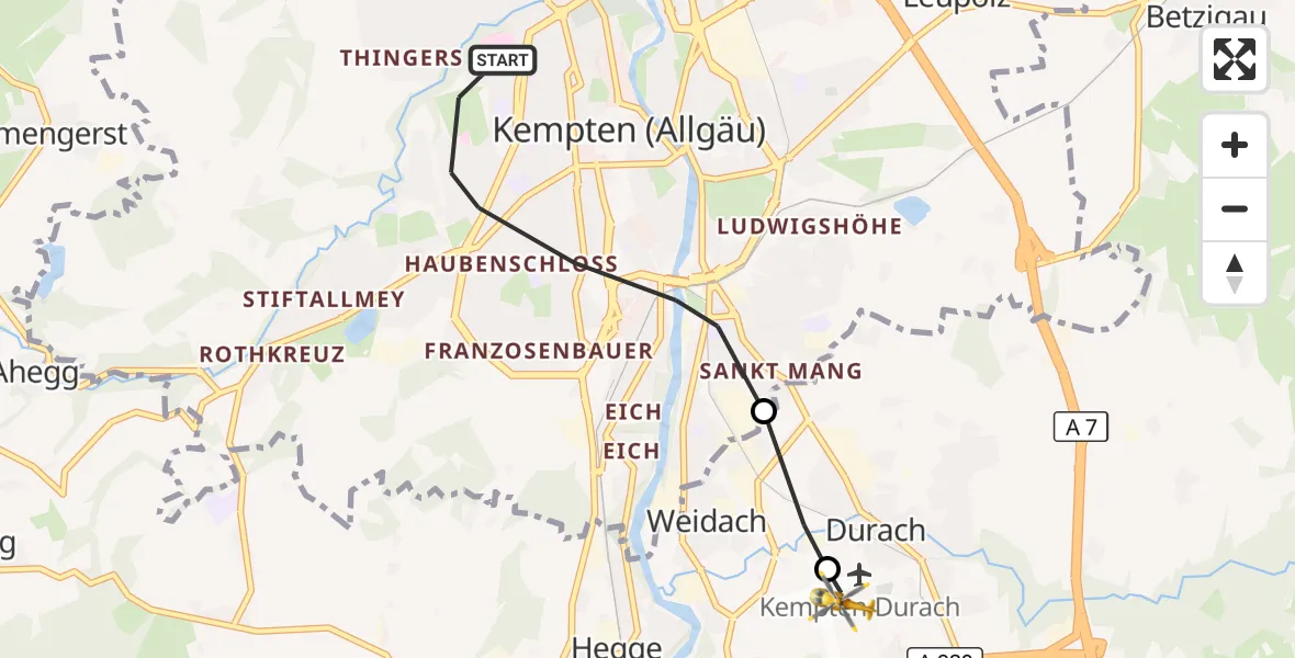 Flugroute Rettungshubschrauber Kempten (Allgäu) - Kempten-Durach Flugplatz, 14 Juni 2026, 09:07