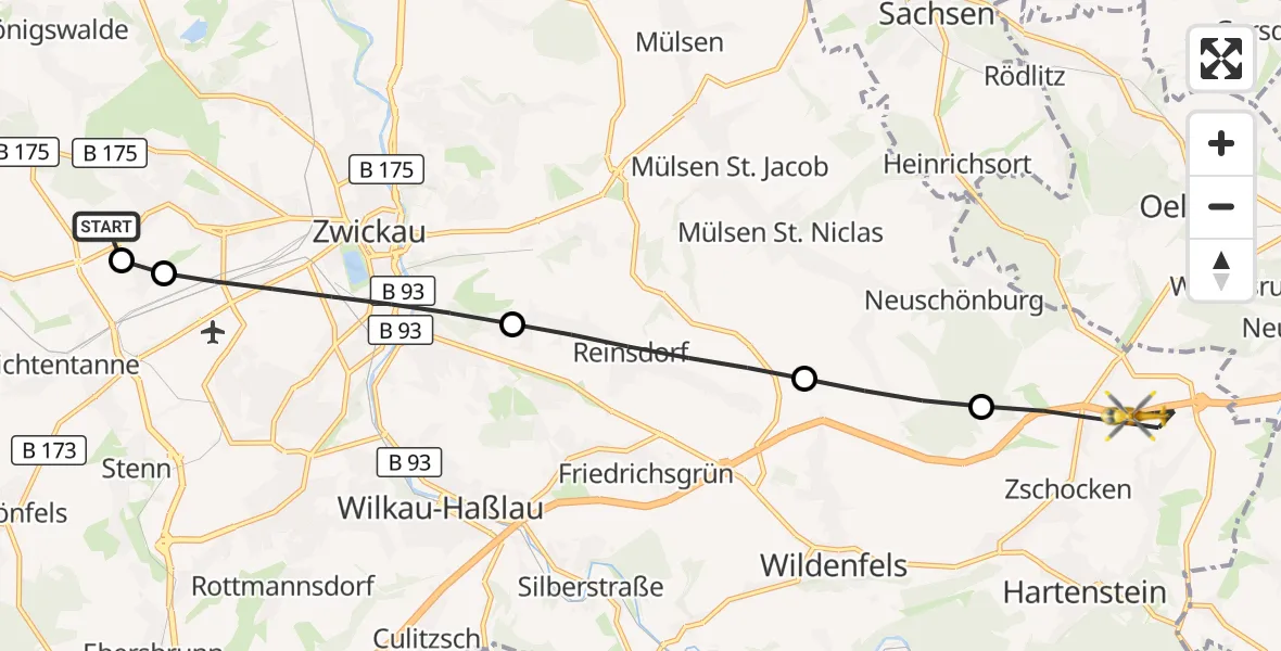 Flugroute Rettungshubschrauber ADAC Air Rescue Station Zwickau Hubschrauberlandeplatz - Hartenstein, 14 Juni 2026, 09:22