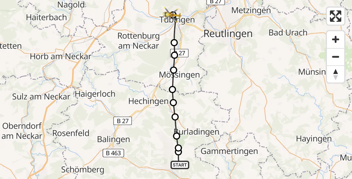 Flugroute Rettungshubschrauber Albstadt - Tübingen University Hospital, 14 Juni 2026, 09:22
