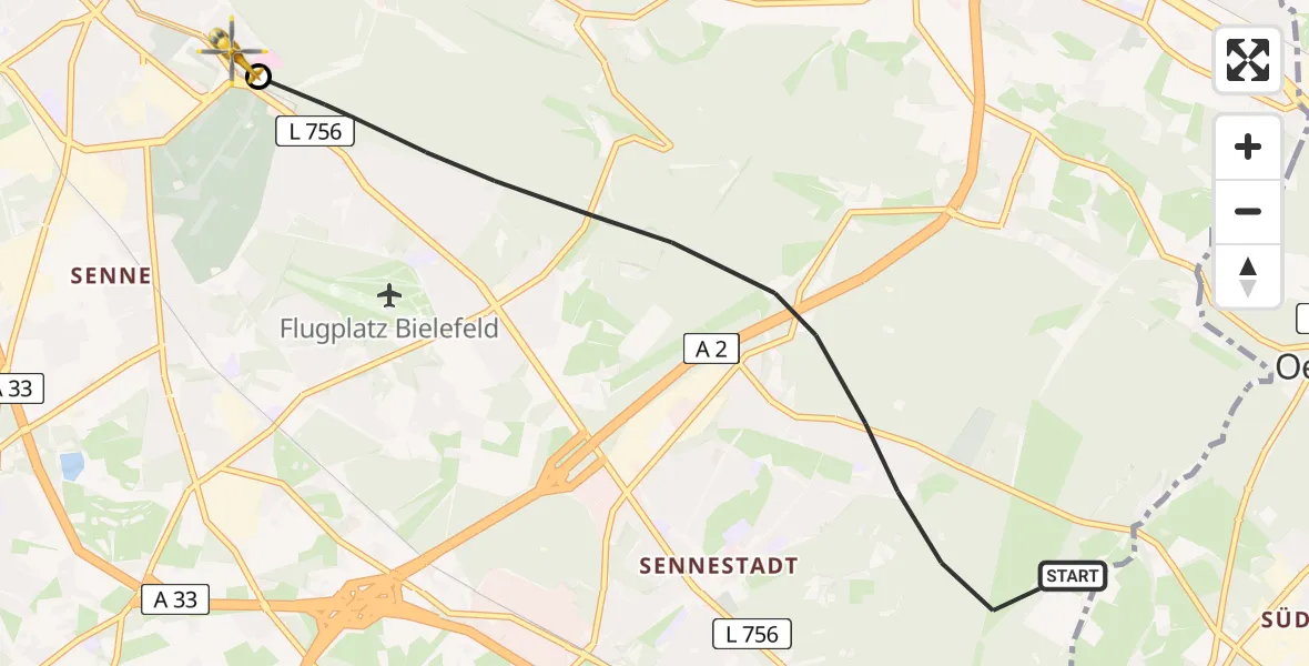 Flugroute Rettungshubschrauber Bielefeld - Luftrettungszentrum Bielefeld, 14 Juni 2026, 09:23