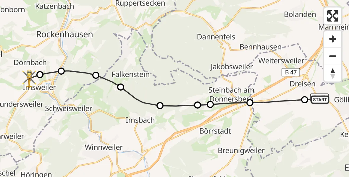 Flugroute Rettungshubschrauber Göllheim - Imsweiler UL, 14 Juni 2026, 09:34