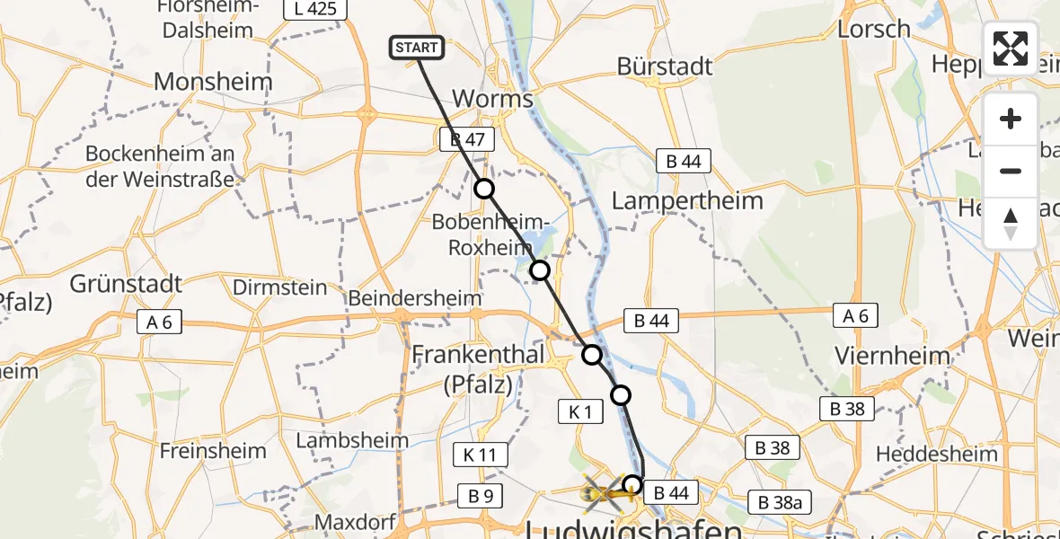 Flugroute Rettungshubschrauber Worms - Ludwigshafen am Rhein, 14 Juni 2026, 09:36